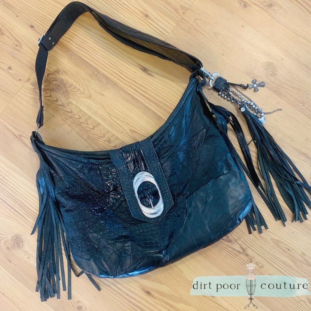 Black Leather Patchwork Cross Body Hobo Bag OOAK